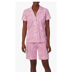 Lauren Ralph Lauren S Cotton Pajama Set Short Sleeve Pink Paisley Bermuda NEW NW